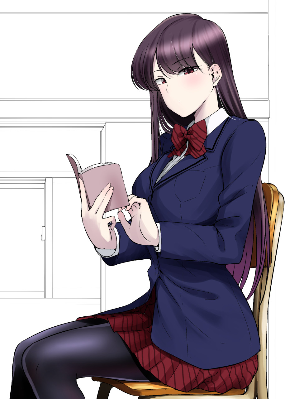 1girl, black_eyes, black_legwear, blazer, book, bow, bowtie, breasts, highres, hisakabe_oune, holding, holding_book, jacket, komi-san_wa_komyusho_desu, komi_shouko, long_hair, looking_at_viewer, medium_breasts, pantyhose, school_uniform, sitting, sketch, solo