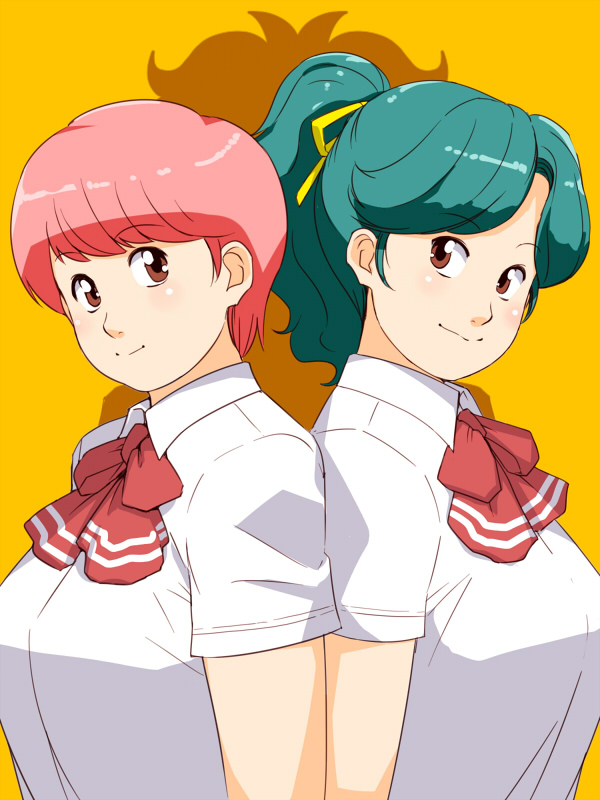 2girls, ganto, high_school!_kimengumi, kawa_yui, multiple_girls, pink_hair, school_uniform, uru_chie