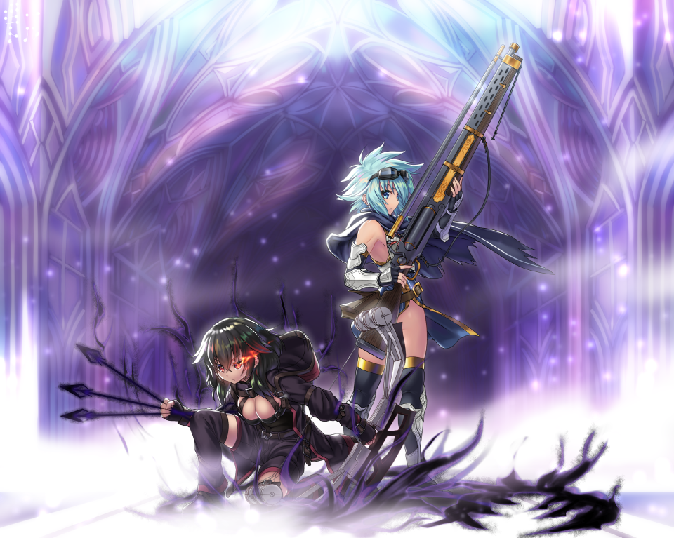 2girls, arrow, bettle_(b_s_a_n), black_cape, black_gloves, black_legwear, bow_(weapon), breasts