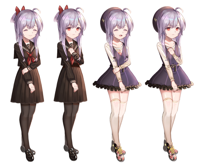 :d, ahoge, belt, black_footwear, black_hat, black_legwear, black_skirt, bow, frown, hair_bow, hand_on_own_chest, hat, highres, holding_own_arm, looking_at_viewer, multiple_views, open_mouth, pantyhose, purple_hair, red_bow, red_eyes, school_uniform, seolryun, shoes, skirt, smile, sneakers, standing, thigh-highs, white_legwear