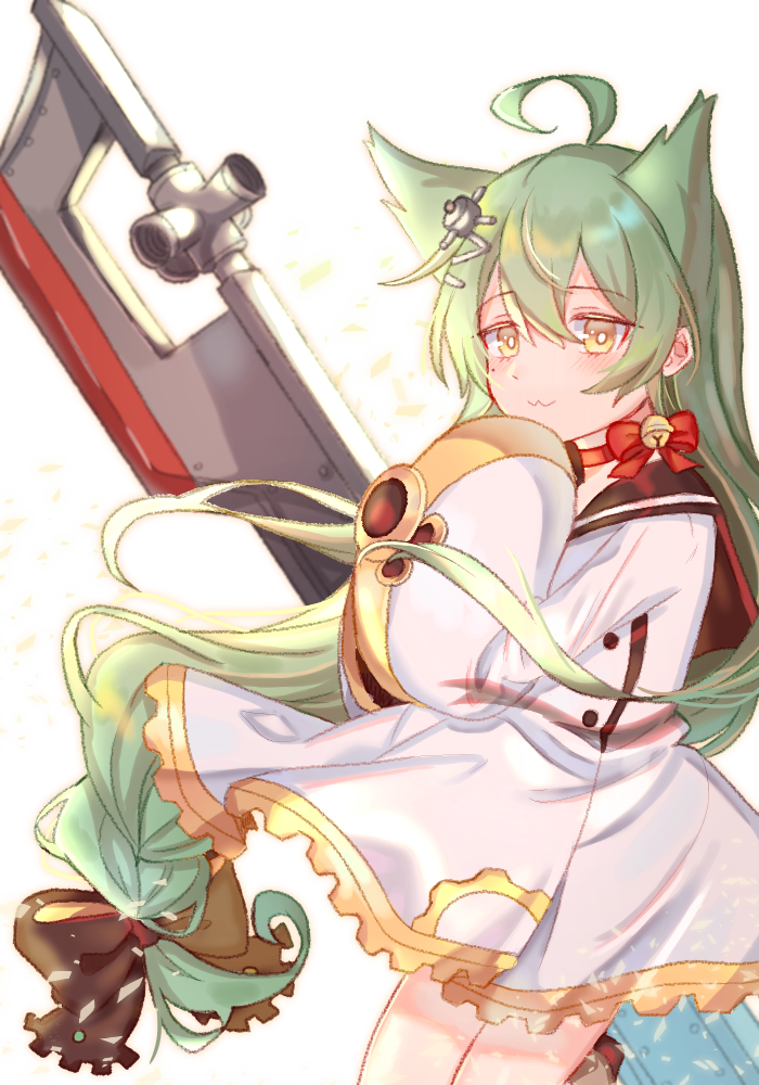 1girl, :3, ahoge, akashi_(azur_lane), azur_lane, bell, choker, green_hair, hair_ornament, jingle_bell, long_hair, looking_at_viewer, low-tied_long_hair, red_choker, seolryun, skirt, solo, standing, very_long_hair, white_skirt, wide_sleeves, yellow_eyes