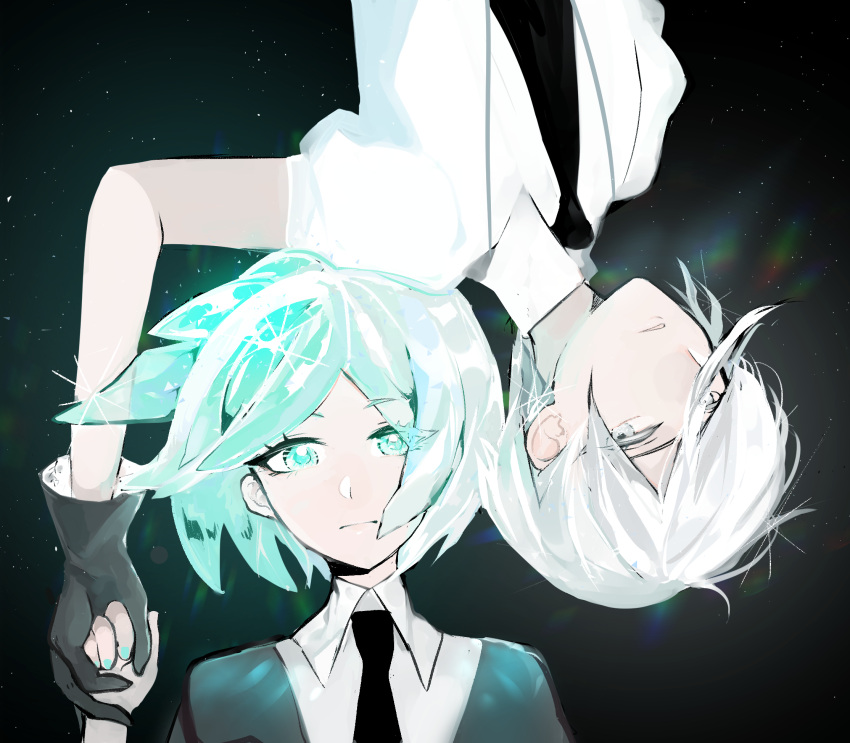 aki_(a2006p1074), androgynous, antarcticite, gem_uniform_(houseki_no_kuni), gloves, green_eyes, green_hair, hand_holding