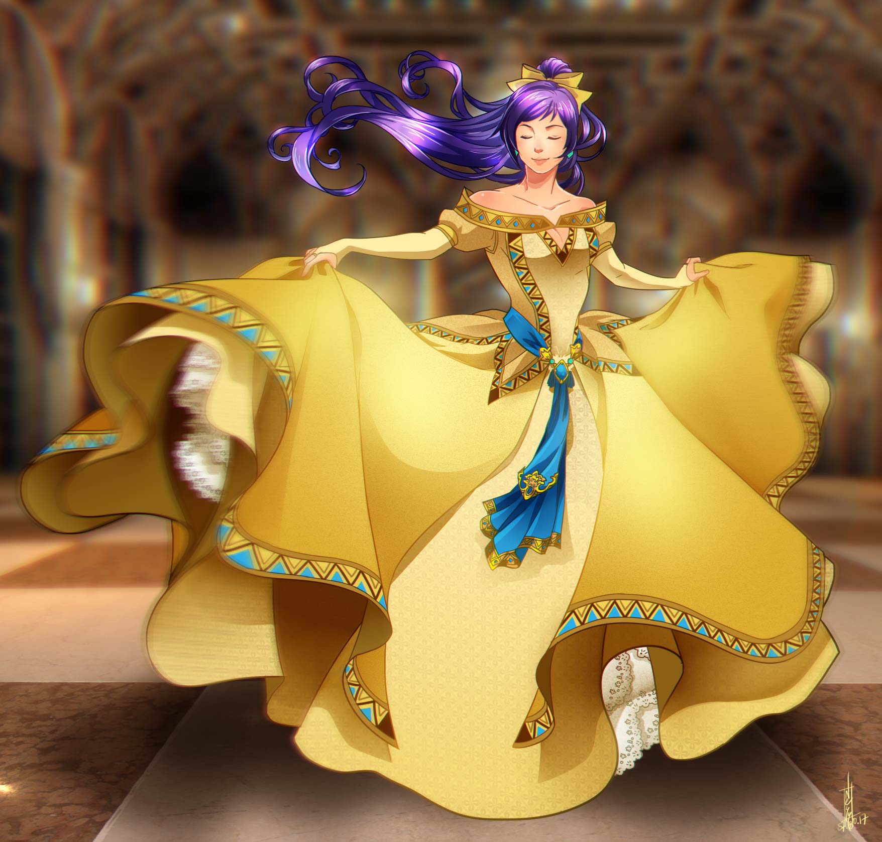 1girl, bare_shoulders, belt, blue_ribbon, blurry, blurry_background, bow, bridal_gauntlets, closed_eyes, closed_mouth, dancing, dress, faris_scherwiz, final_fantasy, final_fantasy_v, floating_hair, full_body, gown, hair_bow, high_ponytail, highres, long_hair, motion_blur, outstretched_arms, ponytail, princess, princesssarisa, purple_hair, ribbon, sarisa_highwind_tycoon, solo, spread_arms, very_long_hair, yellow_bow, yellow_dress