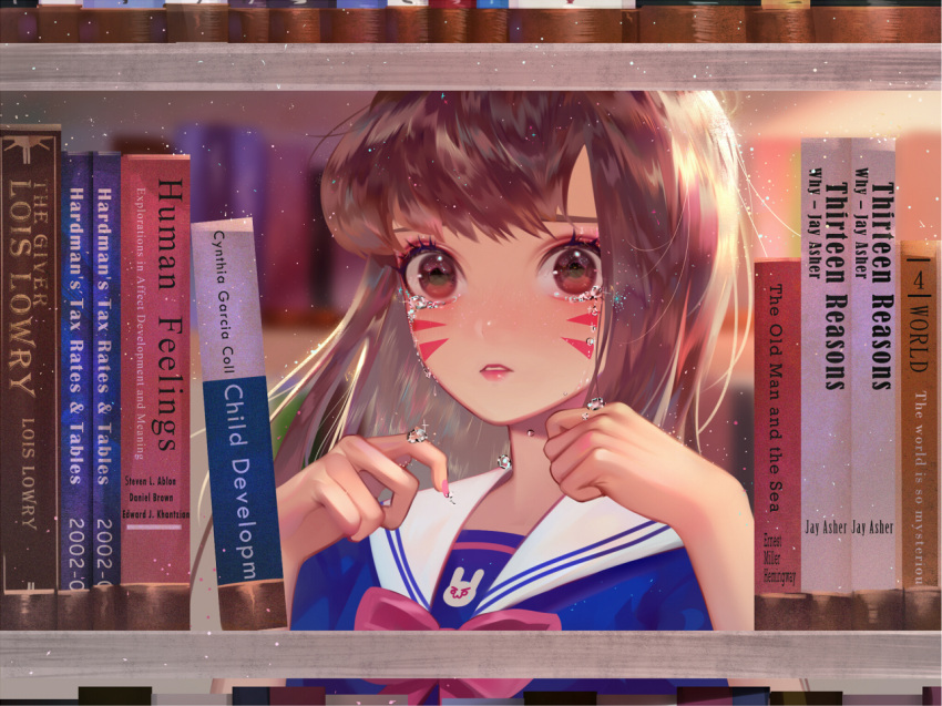 1girl, animal_print, bangs, blue_shirt, book, book_stack, bookshelf, bow