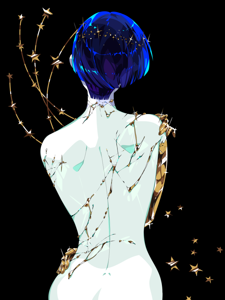 androgynous, back, blue_hair, crack, golden_arms, hanasaki_coa, houseki_no_kuni, nude