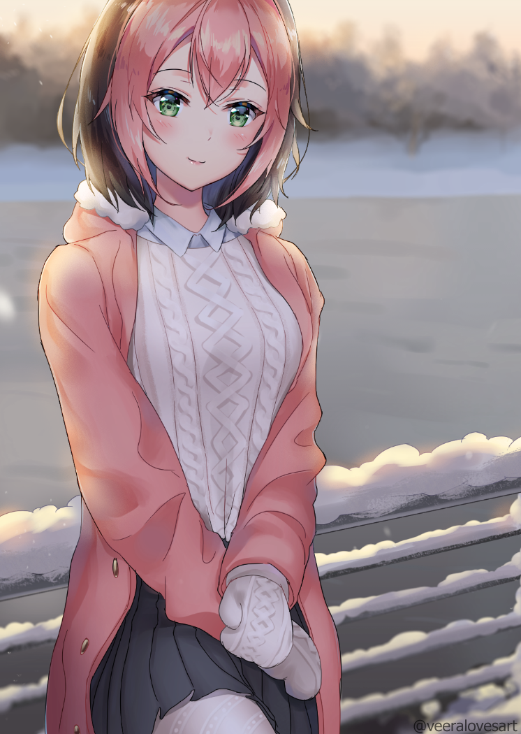 1girl, coat, green_eyes, hood, hoodie, mittens, multicolored_hair, osu!