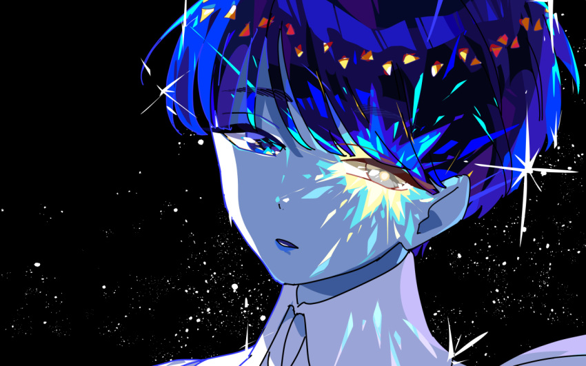 androgynous, bangs, blue_eyes, blue_hair, blunt_bangs, face, glowing, glowing_eye