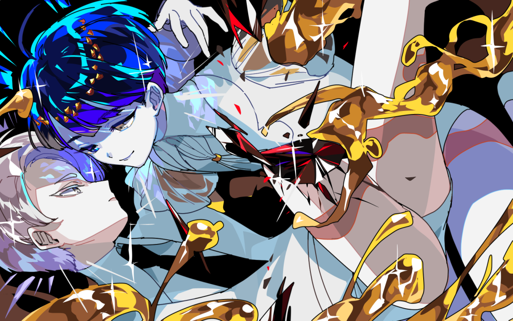 androgynous, bangs, blue_eyes, blue_hair, blunt_bangs, broken, cairngorm_(houseki_no_kuni), face-to-face