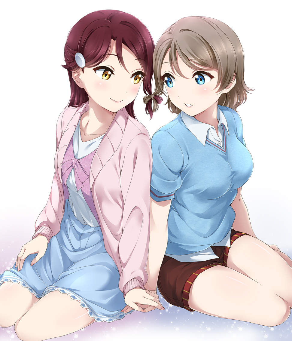2girls, blue_eyes, blue_shirt, bow_by_hair, brown_eyes, brown_shorts, cardigan, cover