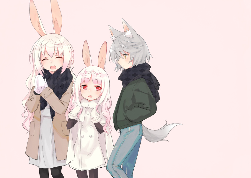 3girls, alternate_hair_length, alternate_hairstyle, animal_ears, blush, casual, coat, denim