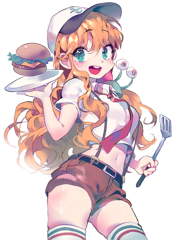 aqua_eyes, baseball_cap, belt, blonde_hair, food, freckles, gary_the_snail, genderswap, genderswap_(mtf), hamburger, hat, inhye, long_hair, navel, necktie, personification, plate, shirt, short_sleeves, shorts, snail, spatula, spongebob_squarepants, spongebob_squarepants_(character), suspenders, thigh-highs, wavy_hair