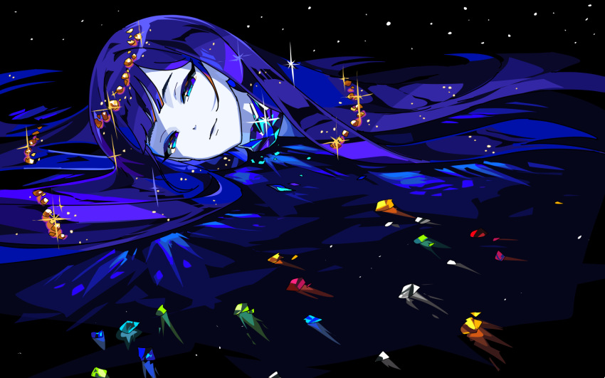 androgynous, bangs, blue_eyes, blue_hair, blunt_bangs, disembodied_head, gem, hanasaki_coa