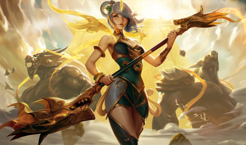 1girl, alternate_costume, backlighting, blue_eyes, breasts, collaboration, commentary, crowgod, esben, faulds, hair_ornament, hair_rings, highres, holding, holding_weapon, league_of_legends, lips, lunar_empress_lux, luxanna_crownguard, medium_breasts, nose, official_art, polearm, silver_hair, solo_focus, unitard, weapon
