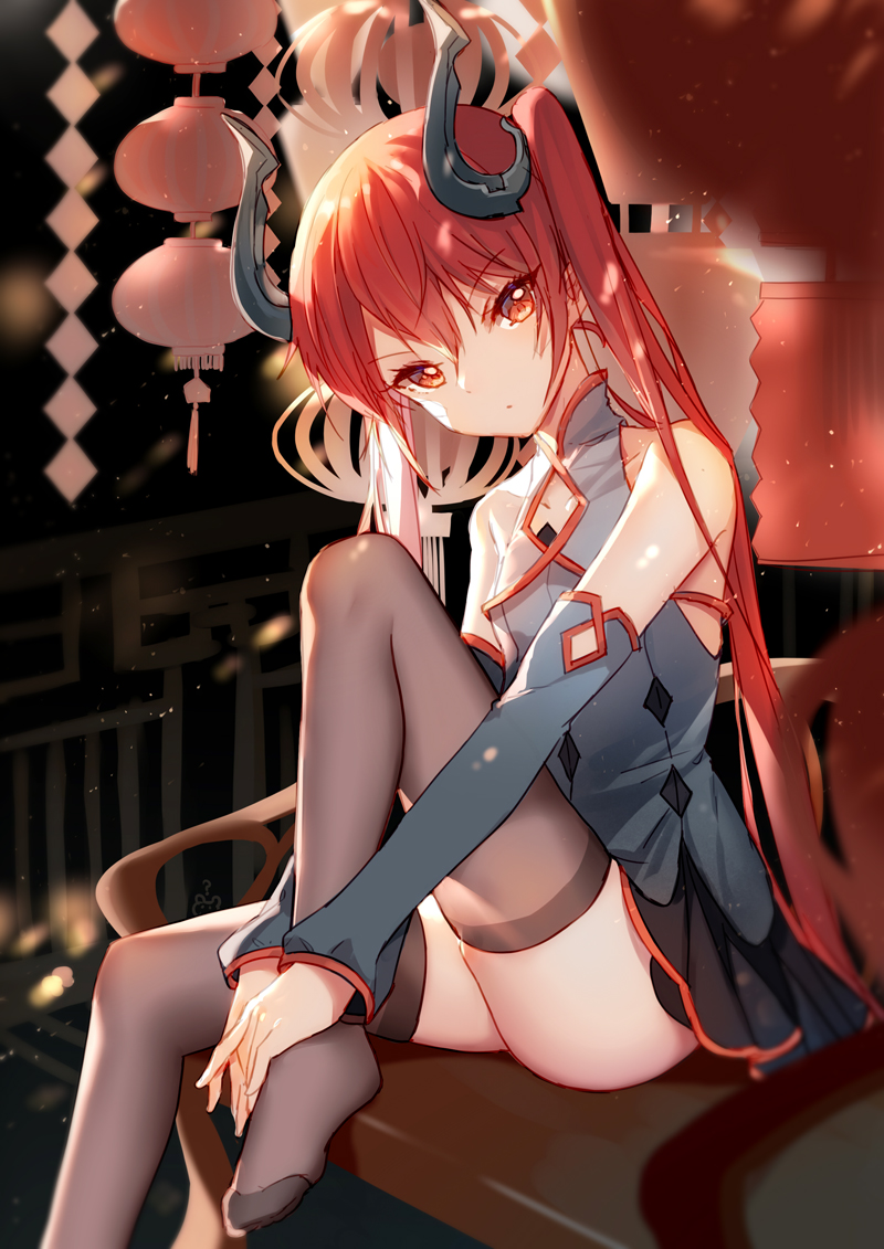 1girl, ass, bare_shoulders, bison_cangshu, black_legwear, detached_sleeves, horns, idollers