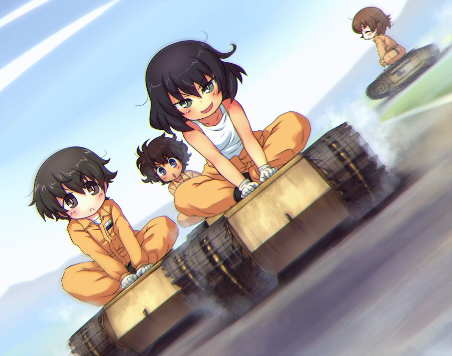 4girls, :o, arm_support, black_footwear, black_hair, blue_eyes, blurry, blurry_background