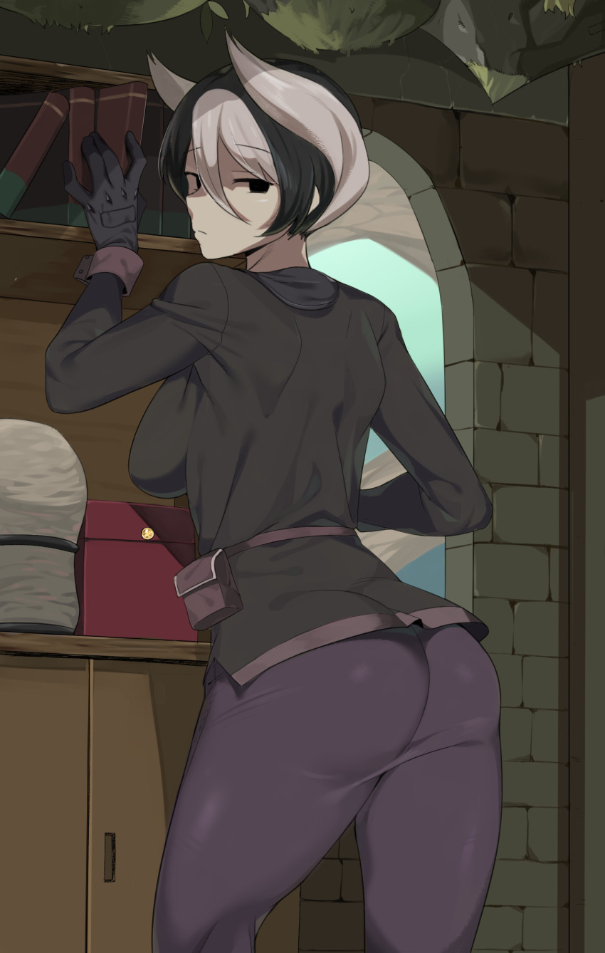 ass, back, black_eyes, black_gloves, black_legwear, breasts, gloves, highres