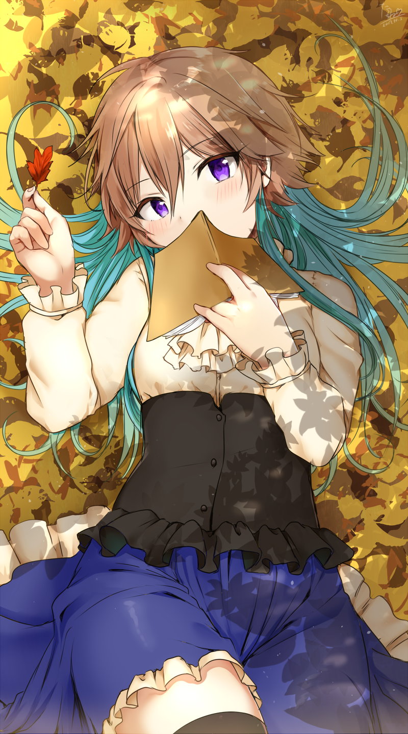 1girl, aqua_hair, autumn, autumn_leaves, book, book_to_mouth, brown_hair, cowboy_shot