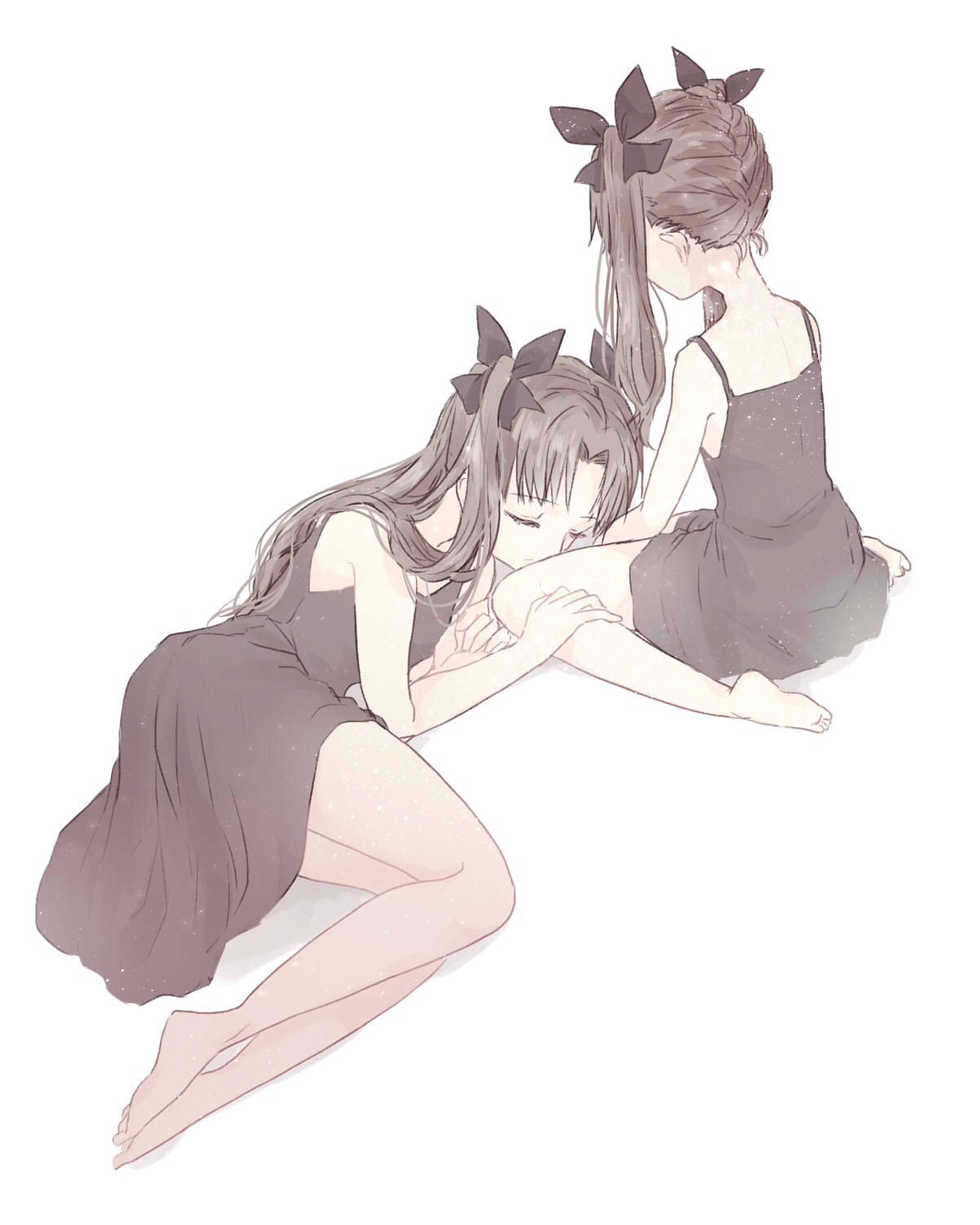2girls, barefoot, black_hair, closed_eyes, fate/stay_night, fate/zero, fate_(series), highres, multiple_girls, roku_(pixiv544115), sitting, tohsaka_rin, twintails, wariza