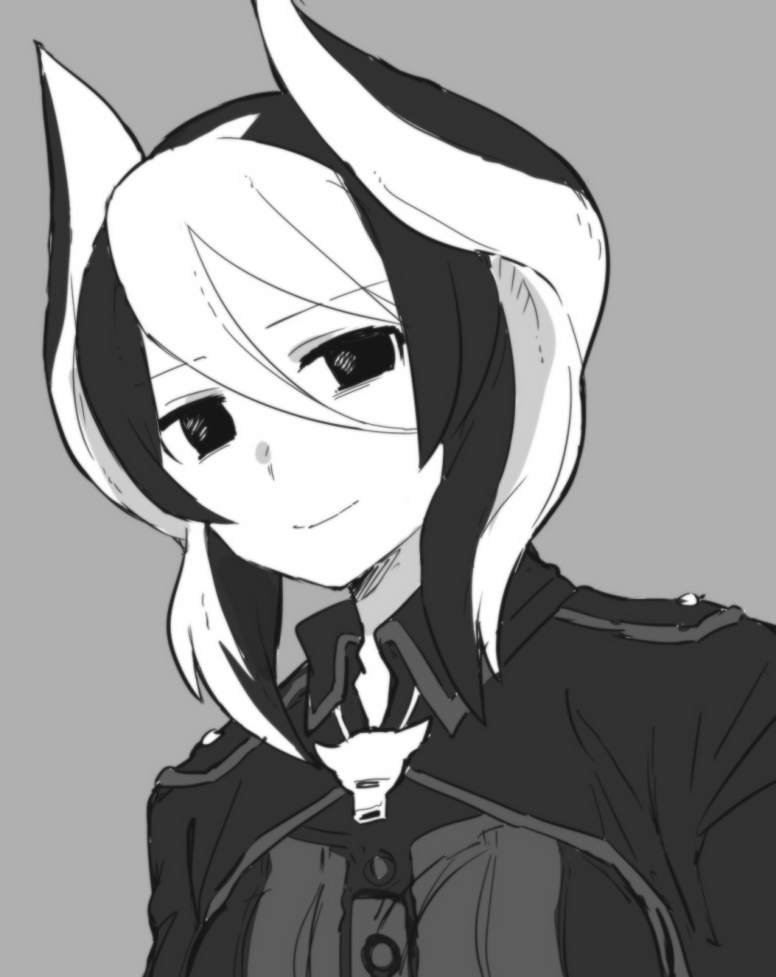 1girl, bangs, closed_mouth, collared_jacket, eyebrows_visible_through_hair, grey_background, greyscale, hair_between_eyes