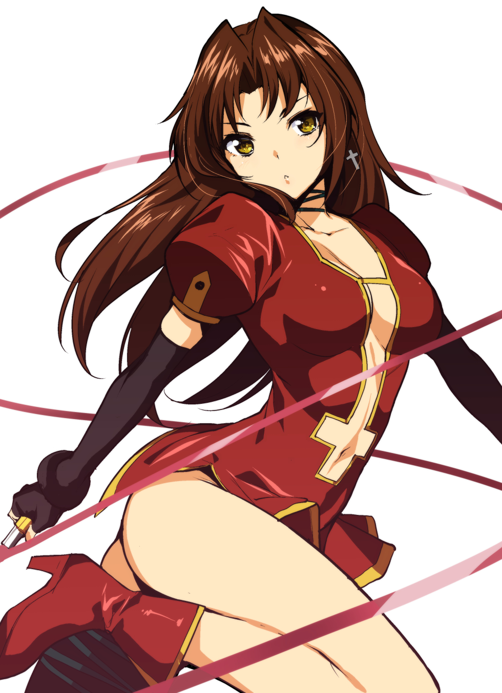 1girl, boots, breasts, brown_hair, cleavage, earrings, eclair_(kiddy_grade), elbow_gloves