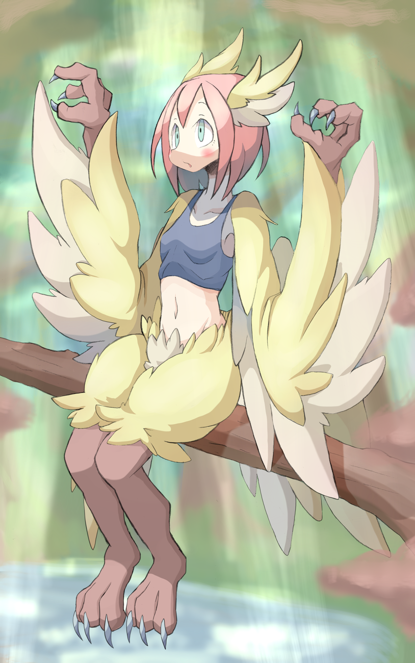 1girl, 4139, animal_ears, blue_eyes, blush, branch, breasts, claws