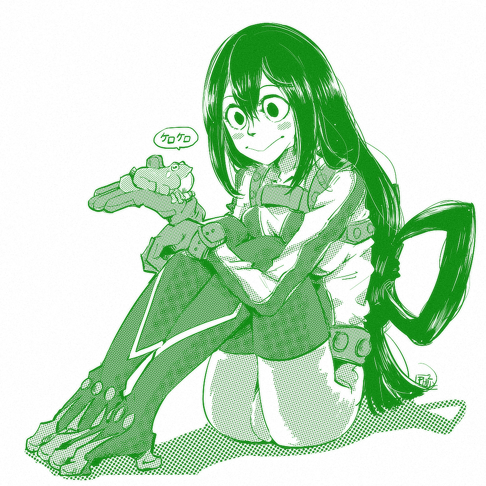 1girl, asui_tsuyu, bodysuit, boku_no_hero_academia, frog, frog_girl, green_hair, hair_between_eyes, long_hair, low-tied_long_hair, monochrome, phuphu, sitting, solo, thigh-highs