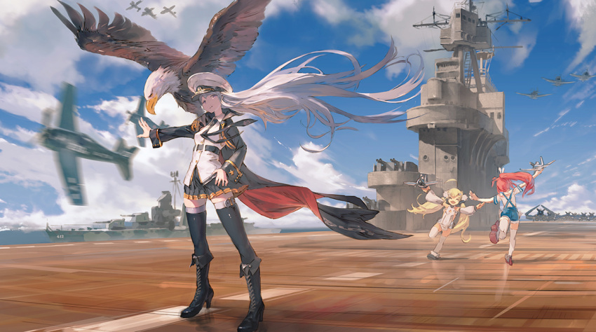 3girls, ahoge, aircraft, aircraft_carrier, azur_lane, bailey_(azur_lane), bangs, battleship