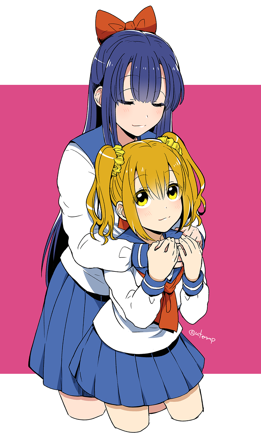 2girls, blonde_hair, blue_hair, bow, hair_bow, highres, hug, hug_from_behind, long_hair, multiple_girls, pipimi, poptepipic, popuko, school_uniform, scrunchie, serafuku, short_hair, sidelocks, twintails, utenmp, yellow_eyes