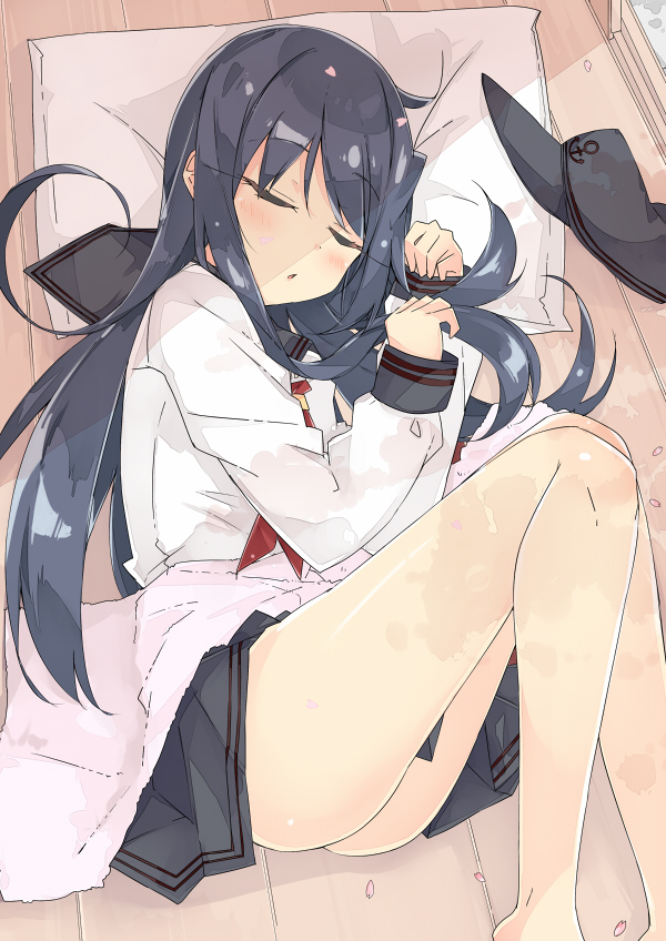 1girl, akatsuki_(kantai_collection), ass, black_sailor_collar, black_skirt, closed_eyes, hat, hat_removed