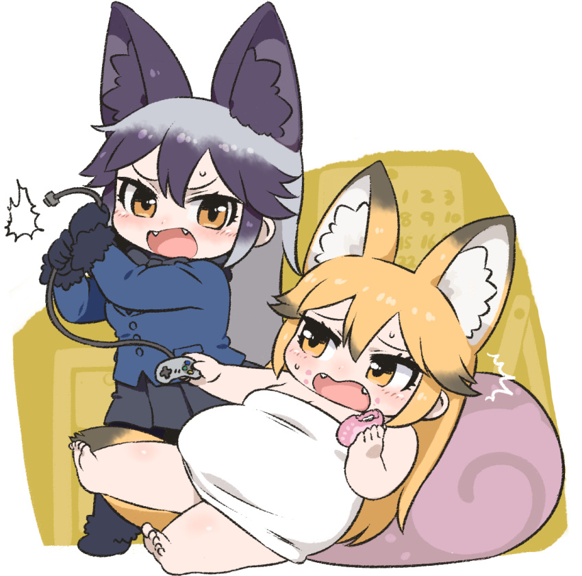 animal_ears, barefoot, bow, bowtie, bread, breasts, cleavage, commentary