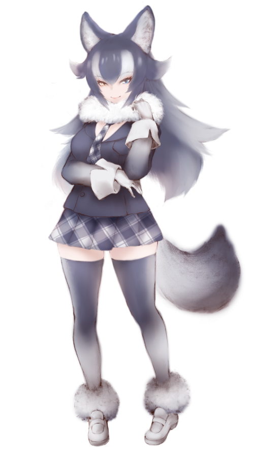 1girl, animal_ears, blue_eyes, full_body, grey_wolf_(kemono_friends), heterochromia, ise_(0425), kemono_friends
