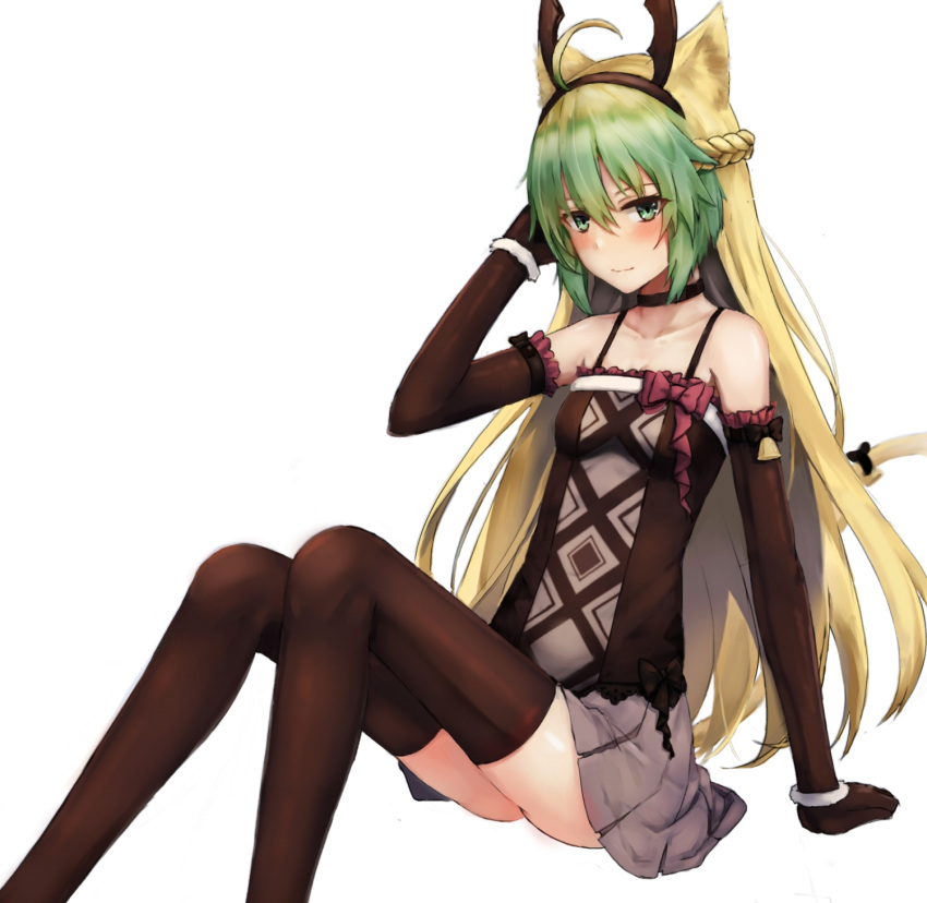 1girl, ahoge, animal_ears, arm_support, arm_up, atalanta_(fate), bare_shoulders, bell, black_gloves, black_hairband, black_legwear, blonde_hair, blush, braid, breasts, cat_ears, cat_tail, cleavage, closed_mouth, collarbone, elbow_gloves, eyebrows_visible_through_hair, fate/grand_order, fate_(series), feet_out_of_frame, french_braid, frilled_gloves, frills, gloves, green_eyes, green_hair, grey_skirt, hair_between_eyes, hairband, hand_in_hair, highres, invisible_chair, knees_up, long_hair, looking_at_viewer, miniskirt, seaweed2017, simple_background, sitting, skirt, small_breasts, smile, solo, tail, thigh-highs, very_long_hair, white_background