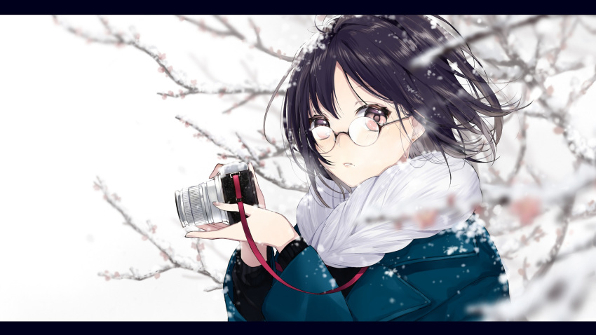 1girl, banfs, bare_tree, black_hair, blue_coat, blurry, brown_eyes, camera, depth_of_field, glasses, highres, holding, holding_camera, letterboxed, long_sleeves, looking_at_viewer, original, outdoors, parted_lips, rimless_eyewear, round_eyewear, scarf, short_hair, snow_on_head, sogawa, solo, tree, upper_body, white_scarf, winter