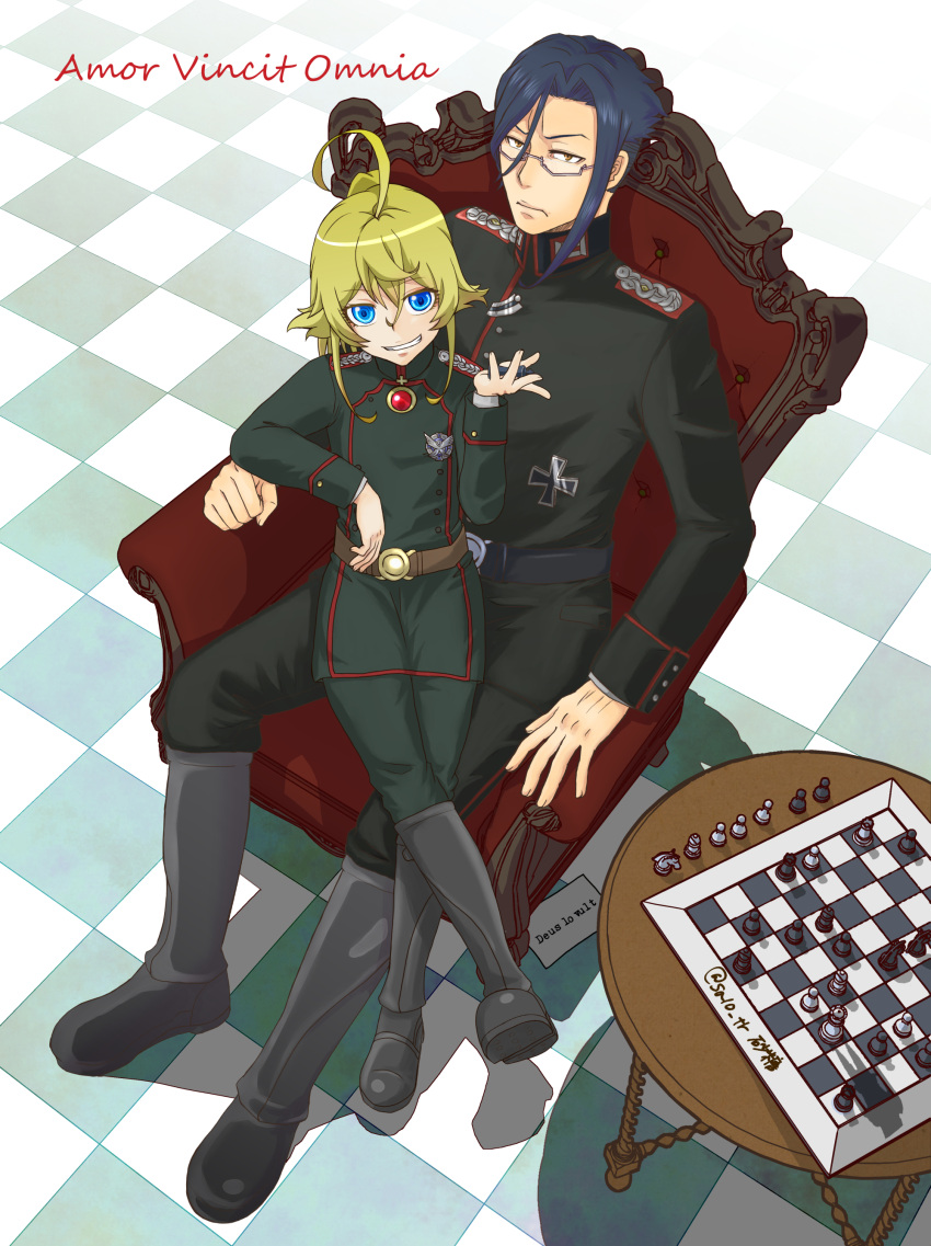 1boy, 1girl, absurdres, chess_piece, chessboard, erich_von_rerugen, glasses, highres