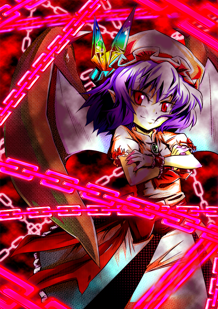 chain, chains, hat, pointy_ears, purple_hair, red_eyes, remilia_scarlet, short_hair