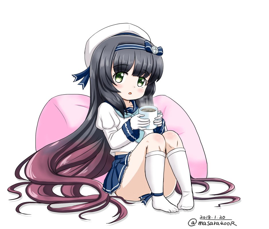 1girl, black_hair, blue_neckwear, blue_ribbon, blue_skirt, commentary_request, cup, dated, full_body, gloves, gradient_hair, green_eyes, hat, kantai_collection, kneehighs, long_hair, long_sleeves, looking_at_viewer, masara_(masalucky2010), matsuwa_(kantai_collection), mug, multicolored_hair, neckerchief, pillow, pink_hair, pleated_skirt, ribbon, sailor_hat, school_uniform, serafuku, simple_background, skirt, solo, steam, twitter_username, white_background, white_gloves, white_hat, white_legwear