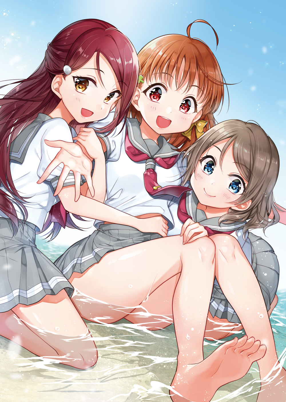 3girls, :d, ahoge, arm_hug, bangs, barefoot, blue_eyes, bow