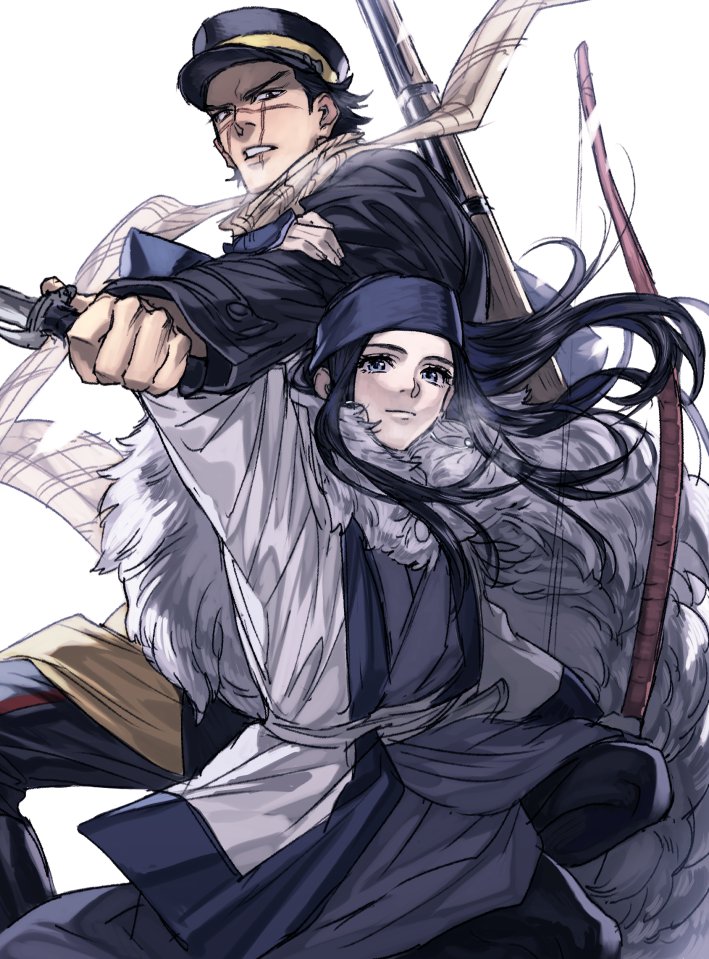 1boy, 1girl, ainu, ainu_clothes, arisaka, asirpa, bandanna, black_hair