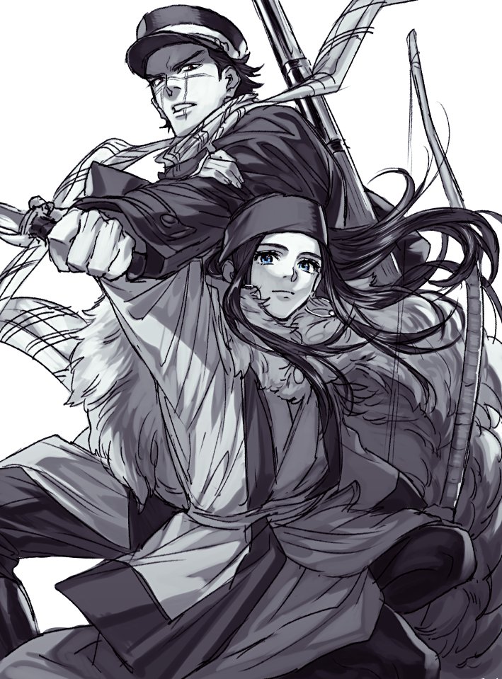 1boy, 1girl, ainu, ainu_clothes, arisaka, asirpa, bandanna, black_hair
