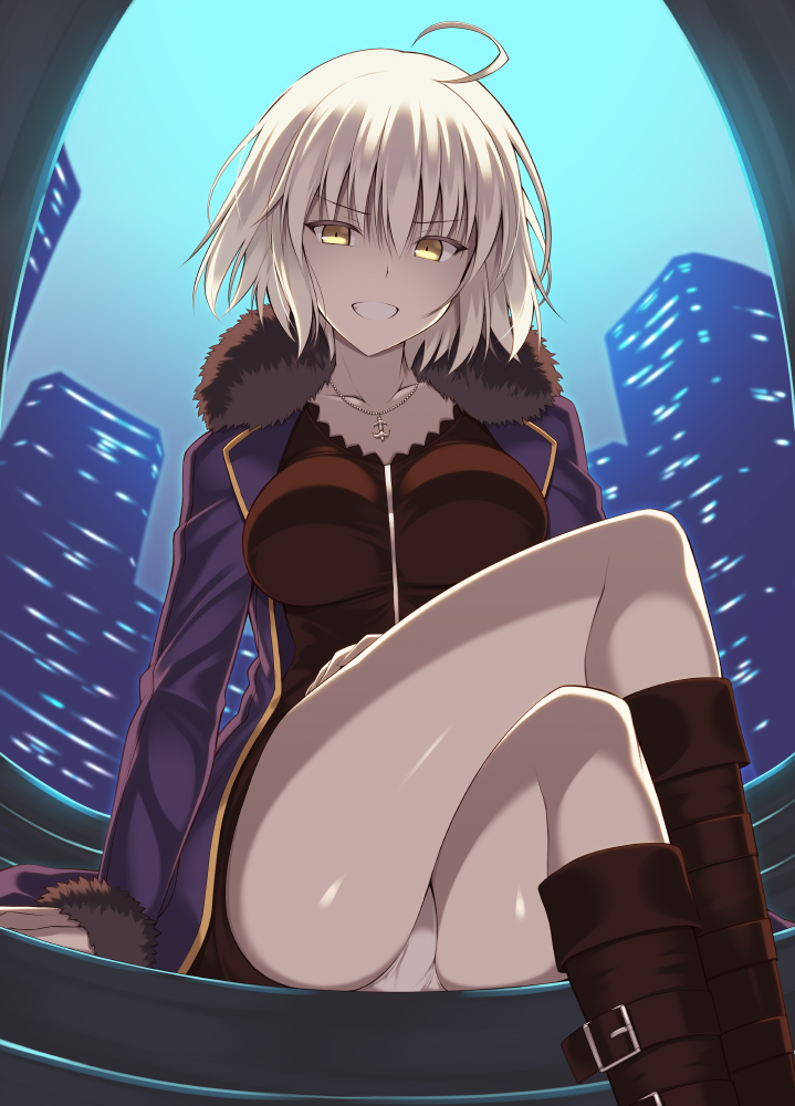 1girl, :d, ahoge, arm_at_side, bangs, black_dress, black_footwear, blonde_hair, blue_jacket, blue_sky, boots, breasts, building, cityscape, collarbone, dress, eyebrows_visible_through_hair, fate/grand_order, fate_(series), feet_out_of_frame, fisheye, fur-trimmed_jacket, fur-trimmed_sleeves, fur_trim, grey_panties, grin, hand_on_own_thigh, jacket, jeanne_d'arc_(alter)_(fate), jeanne_d'arc_(fate)_(all), jewelry, knee_boots, large_breasts, legs_crossed, long_hair, long_sleeves, looking_at_viewer, looking_down_at_viewer, necklace, oota_yuuichi, open_clothes, open_jacket, open_mouth, panties, pantyshot, pantyshot_(sitting), pendant, shiny, shiny_skin, short_dress, short_hair, sitting, sky, smile, solo, teeth, thighs, underwear, upskirt, window, yellow_eyes