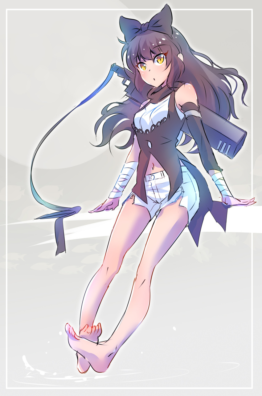 bandage, bandaged_arm, barefoot, black_hair, blake_belladonna, bow, gambol_shroud, hair_bow