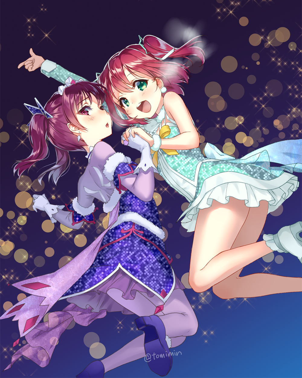 2girls, :d, :o, aqua_footwear, awaken_the_power, bangs, blue_background, blue_footwear
