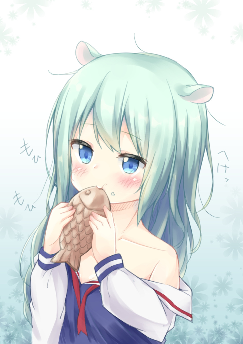 1girl, :t, animal_ears, aqua_hair, azur_lane, bangs, bare_shoulders, blue_eyes, blush, closed_mouth, collarbone, commentary_request, eating, eyebrows_visible_through_hair, food, food_on_face, highres, holding, holding_food, long_sleeves, mikazuki_(azur_lane), no_hat, no_headwear, off_shoulder, red_neckwear, school_uniform, serafuku, shirt, solo, taiyaki, translated, wagashi, white_shirt, yukimi_ai_risu