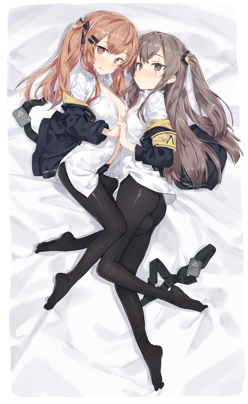 2girls, :o, :q, armband, ass, bed_sheet, between_legs, black_legwear