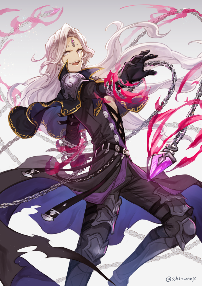 1boy, :d, akizuno, armor, black_gloves, black_jacket, black_pants, capelet