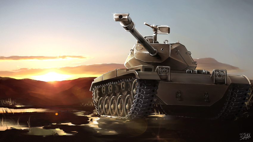 clouds, ground_vehicle, gun, highres, hill, m41_walker_bulldog, machine_gun, military