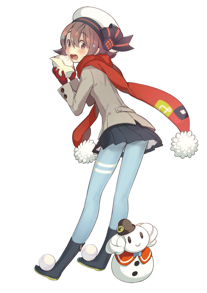 1girl, baozi, blue_legwear, boots, brown_hair, food, full_body, gin_(oyoyo)