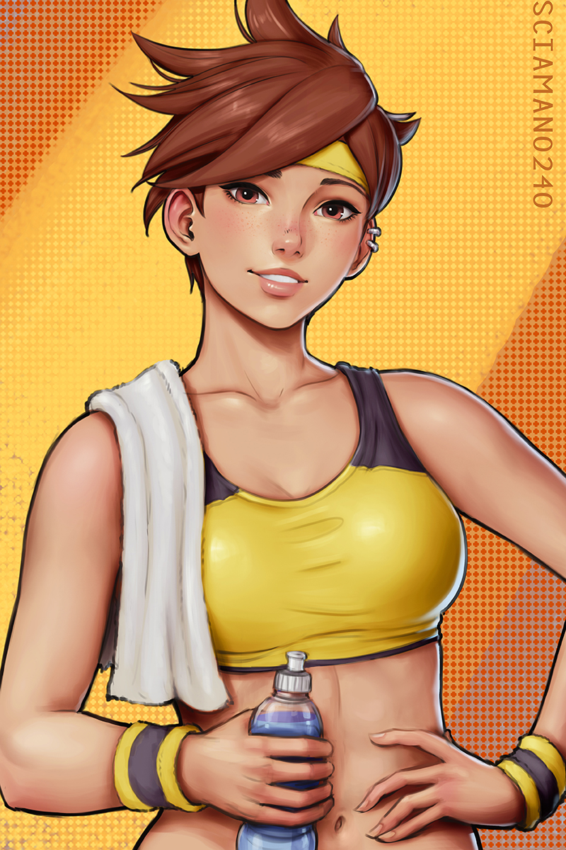 1girl, bottle, brown_hair, earrings, freckles, hand_on_hip, highres, jewelry