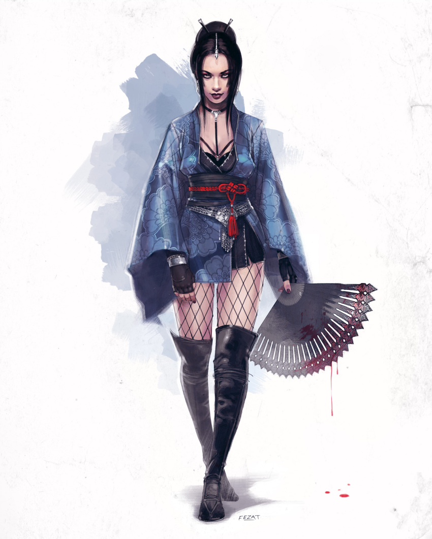 1girl, arms_at_sides, bangs, black_footwear, black_gloves, black_hair, blood, bloody_weapon, boots, bracelet, breasts, cleavage, fezat, fingerless_gloves, fingernails, fishnet_pantyhose, fishnets, full_body, gloves, highres, holding, holding_weapon, japanese_clothes, jewelry, kimono, kitana, knee_boots, lipstick, long_hair, long_sleeves, looking_at_viewer, makeup, midway_(company), mortal_kombat, mortal_kombat_4, mortal_kombat_armageddon, mortal_kombat_deadly_alliance, mortal_kombat_deception, mortal_kombat_ii, mortal_kombat_trilogy, obi, obiage, obijime, pantyhose, parted_bangs, sash, short_kimono, ultimate_mortal_kombat_3, walking, weapon, wide_sleeves