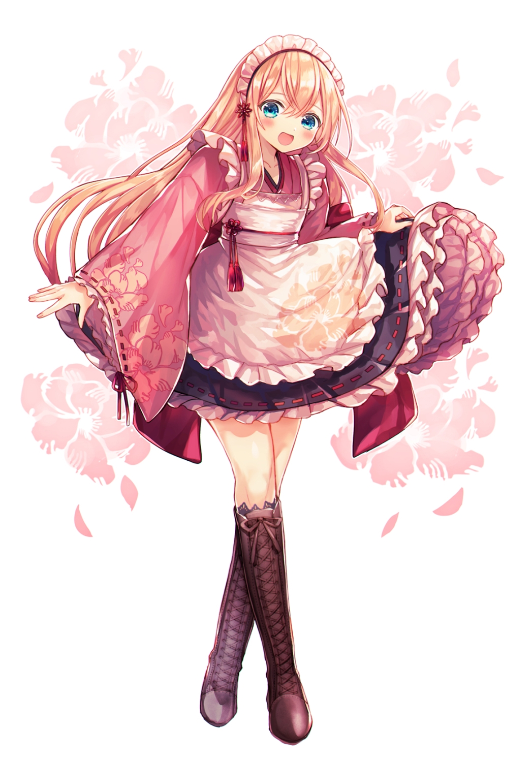 1boy, :d, abandon_ranka, apron, blonde_hair, blue_eyes, boots, cross-laced_footwear